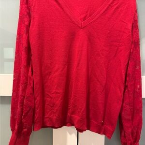 Tommy Hilfiger Bright Red V-Neck Sweater with sheer floral lace sleeves sz Large